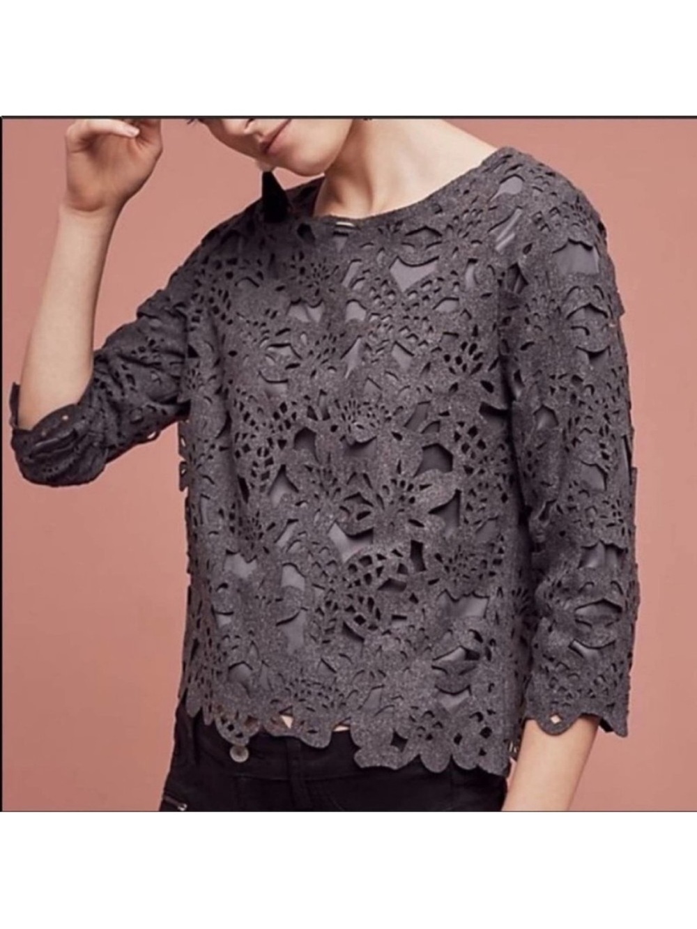 Knitted & Knotted Gray Laser-Cut Floral Top for the creative artistic woman